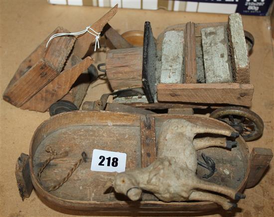 Childs wooden boat, horse and cart and a car